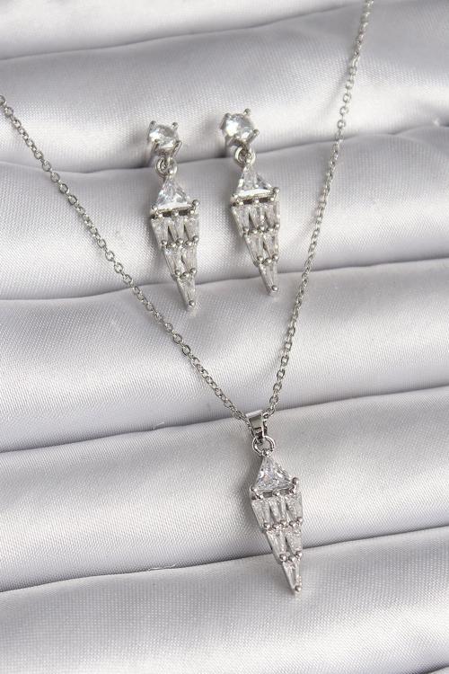 Gümüş Renk Zincir Sallantı Zirkon Taş Model Kadın Kolye Küpe Seti - EBJ250301W31241
