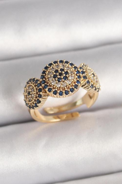 Pirinç Gold Renk Zirkon Taşlı Nazar Boncuk Model Ayarlanabilir Model Kadın Yüzük - EBJ250412W32521