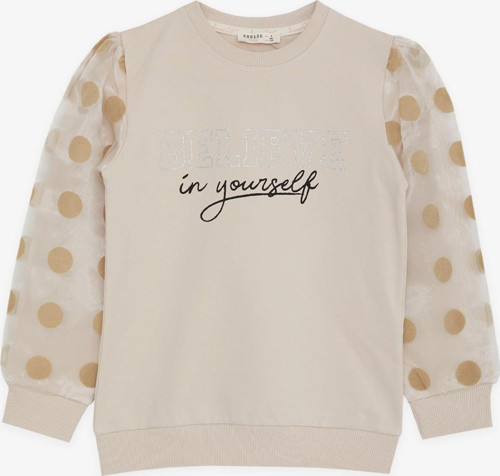 Kız Çocuk Sweatshirt Kolları Tüllü Simli Yazı Baskılı Puanlı 6-12 Yaş, Bej
