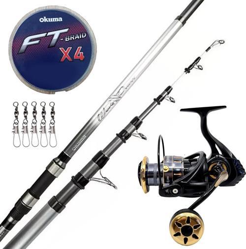 Hazır Surf Olta Seti Okuma Wave Power Tele Surf 3.90 cm 100-200 gr Surf Kamışı&Kendo Black Bass GP6000 5+1BB