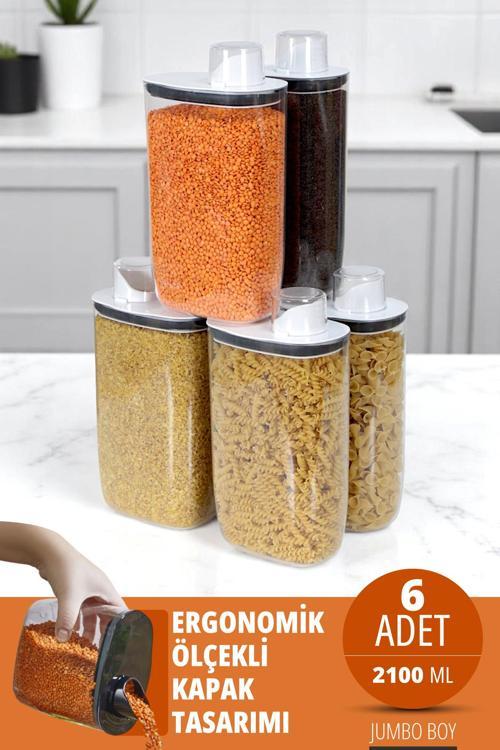 6'lı Silikon Kapaklı Ölçülü Saklama Erzak Bakliyat Kabı Kutusu Seti 2100 Ml