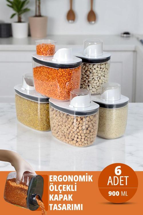 6'lı Silikon Kapaklı Ölçülü Saklama Erzak Bakliyat Kabı Kutusu Seti 900 Ml