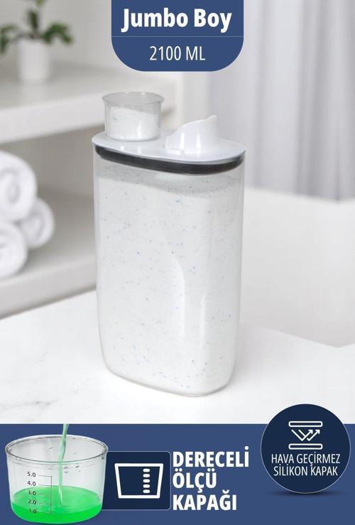 Silikon Kapaklı Ölçekli Toz Sıvı Tablet Deterjan Saklama Kabı Kutusu 2100 Ml