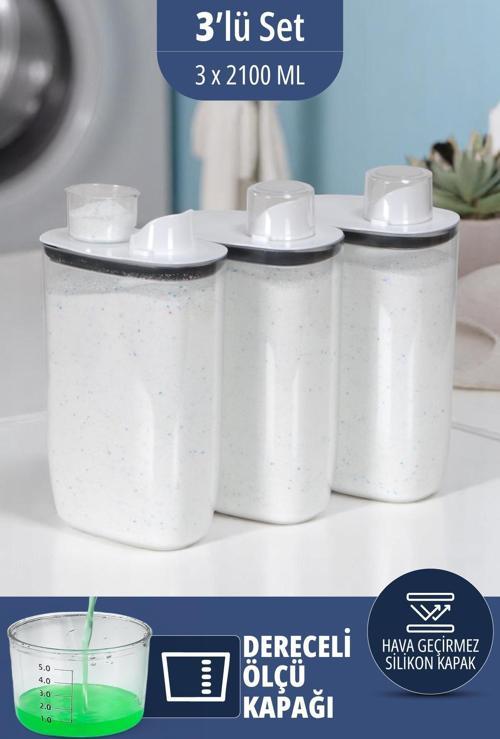 Silikon Kapaklı Ölçekli Toz Sıvı Tablet Deterjan Saklama Kabı Kutusu 2100 Ml 3 Adet