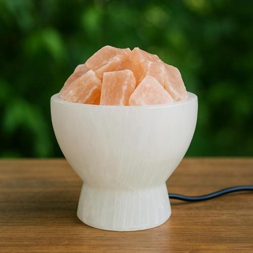 Selenit Taşı Lamba – Işık Kasesi – Turuncu Küp Taşlı – 18 cm