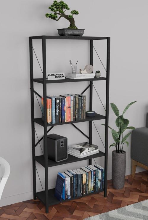 Metal Kitaplık 5 Raflı Dekoratif Kitaplık 150 Cm - Siyah
