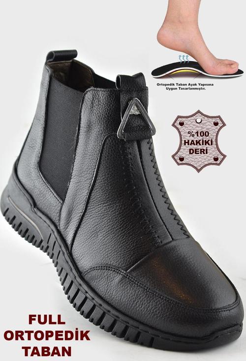 1833 Tam Ortopedik Siyah Hakiki Deri Kadın Bot Ayakkabı Anne Kışlık Deri Bot