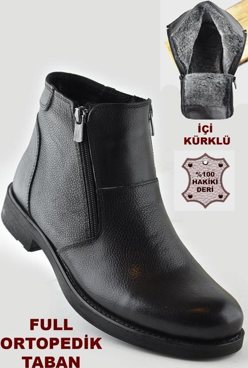 TAB3406 İçi Kürklü Hakiki Deri Erkek Bot Ayakkabı Ortopedik Taban Fermuarlı Deri Bot