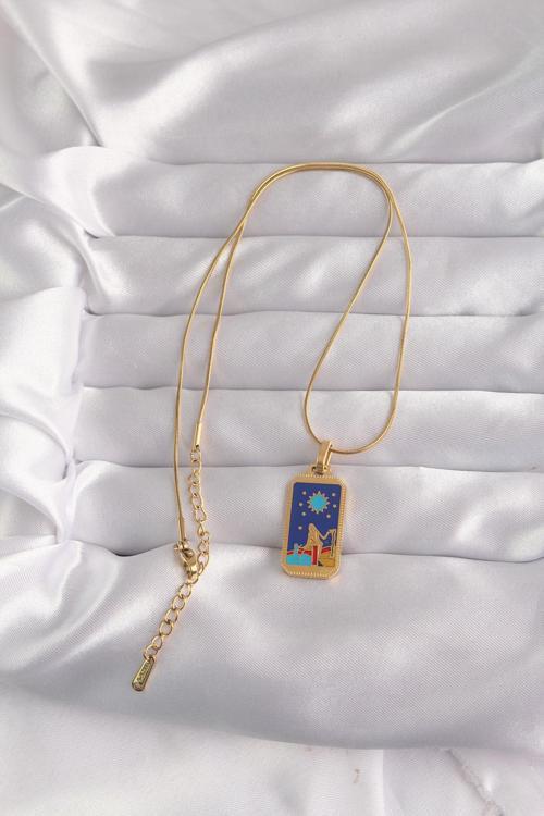 Zarif Kadın için Golden Çelik Mavi Mineli Kız Tip Tarot Kolye