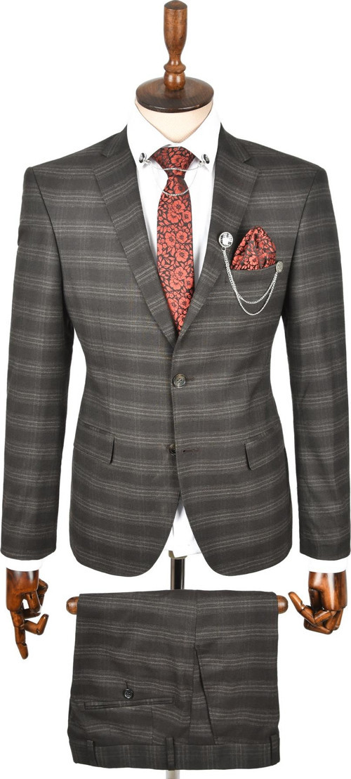 Erkek Antracite Slim Fit Kesim Ekose Desenli Çift Düğme Tek Yırtmaç 2 Li Takım Elbise 2300271
