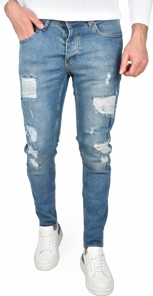 Erkek Mavi Önü Yırtık Detaylı Dar Kesim Likralı Kot Pantolon Jean 2505280