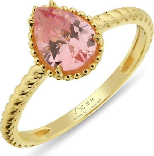 Pembe Taşlı Damla Altın Yüzük Zy0232 14Yeni0070