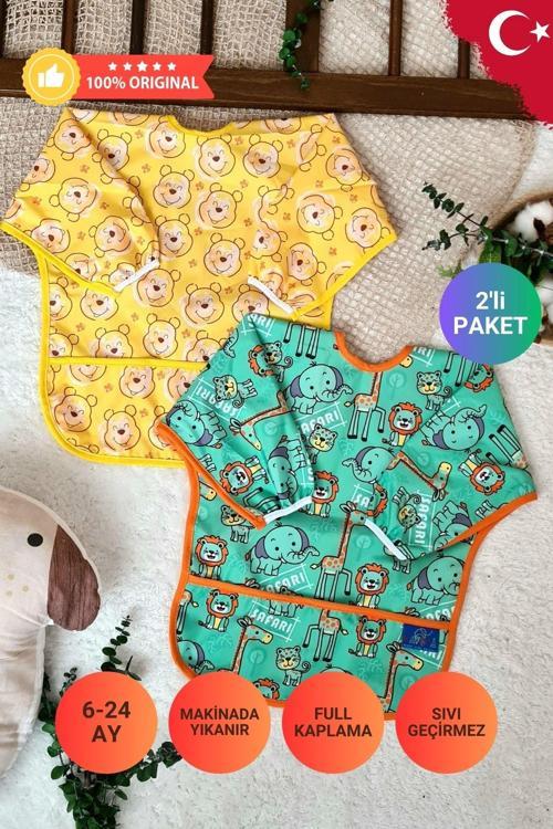 Bear Ve Safari Desenli 2'Li Paket Sıvı Geçirmez Unisex Aktivite Ve Mama Önlüğü 6-24 Ay
