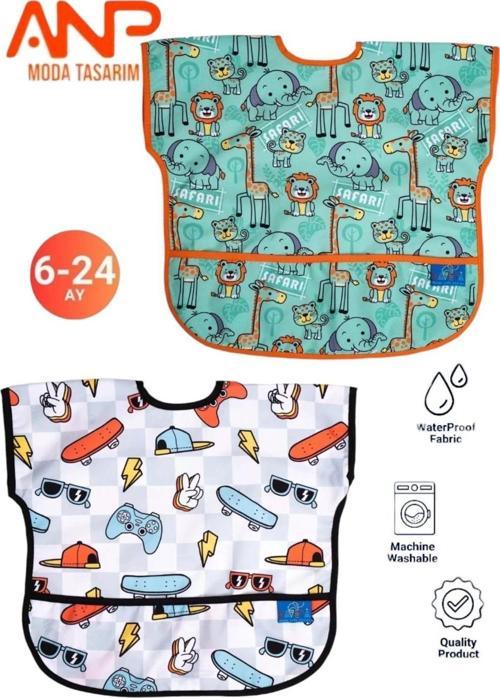 Sıvı Geçirmez 2’Li Set Kolsuz Aktivite Mama Önlüğü (Safari-Play) 6-24 Ay