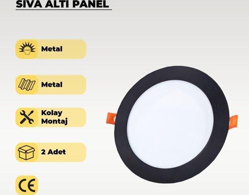 12W Siyah Sıva Altı Yuvarlak Slim Led Panel 6500K Beyaz Işık 2 Adet