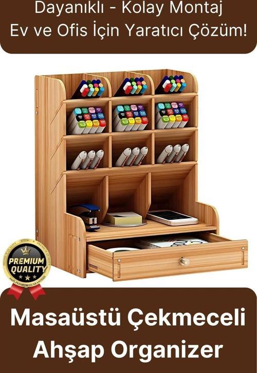 Premium Demonte Ev Ofis Masaüstü Çapraz 9 Bölmeli Kalemlik Çekmeceli Ahşap Organizer Düzenleyici
