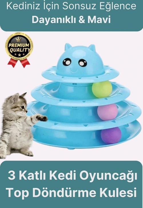 Premium Eğlenceli Renkli Dayanıklı Yuvarlak Kauçuk Pedli 3 Katlı Kedi Oyuncağı Top Döndürme Kulesi