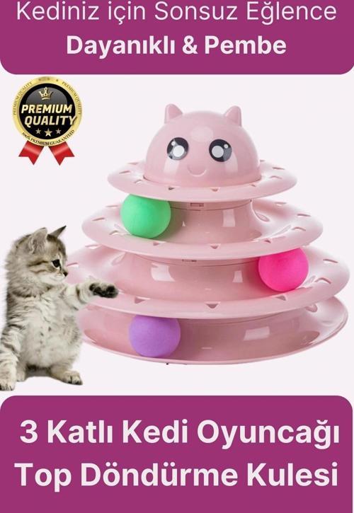Premium Eğlenceli Renkli Dayanıklı Yuvarlak Kauçuk Pedli 3 Katlı Kedi Oyuncağı Top Döndürme Kulesi