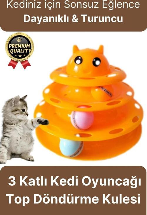 Premium Eğlenceli Renkli Dayanıklı Yuvarlak Kauçuk Pedli 3 Katlı Kedi Oyuncağı Top Döndürme Kulesi