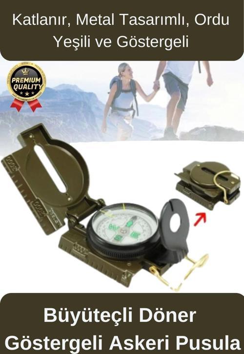Premium Metal Taşınabilir Katlanır Tel Kılavuzlu Büyüteçli Göstergeli Ordu Yeşili Kamp Askeri Pusula
