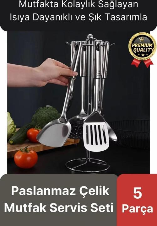 Çok Amaçlı Paslanmaz Çelik Isıya Dayanıklı Saplı Spatula Kepçe 5 Parça Standlı Mutfak Servis Seti