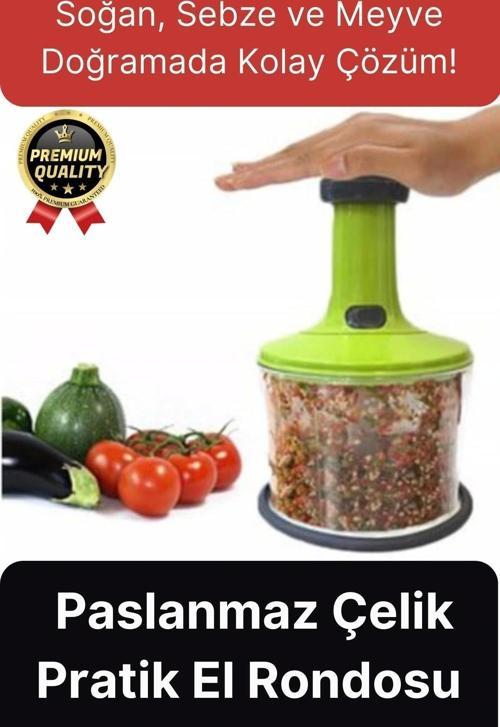 Premium Pratik Paslanmaz Çelik Sebze Meyve Soğan Doğrama Bıçaklı Üstten Basmalı El Rondosu Blender