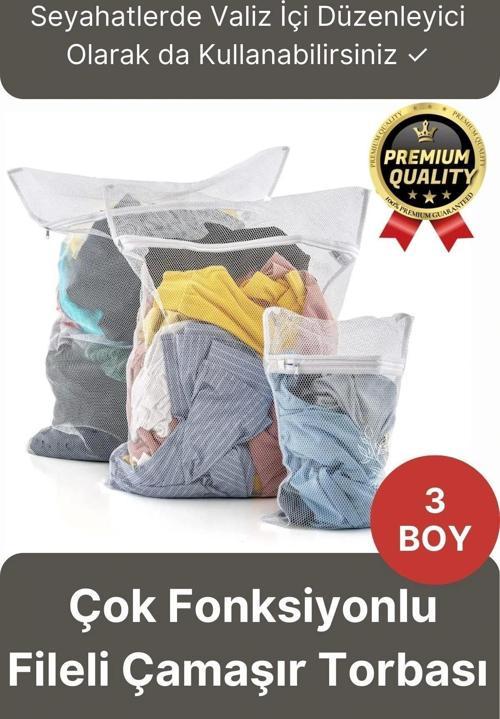 Çok Fonksiyonlu Dayanıklı Yıkama Renkli Fermuarlı Kirli Temiz Sepeti Fileli Çamaşır Torbası 3 Adet