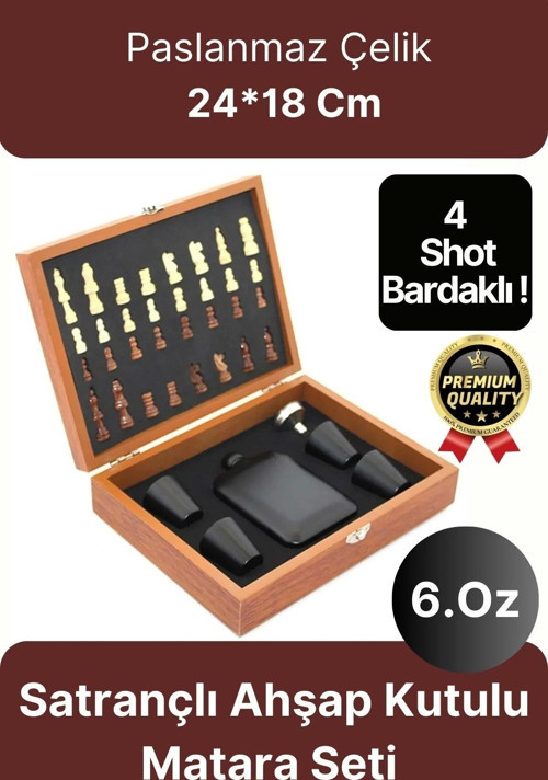 Deluxe Paslanmaz Çelik 6.Oz 4 Shot Bardaklı Satrançlı Ahşap Kutulu Alkol Matara Seti 24*18 Cm