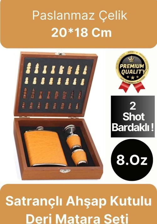 Deluxe Paslanmaz Çelik 8.Oz 2 Shot Bardaklı Satrançlı Ahşap Kutulu Alkol Deri Matara Seti 20*18 Cm