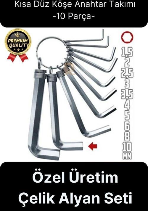 Özel Üretim Tamir Usta Altı Köşeli Bozuk Vida Kısa Düz Köşe Anahtar Takımı Çelik Alyan Seti 10 Parça