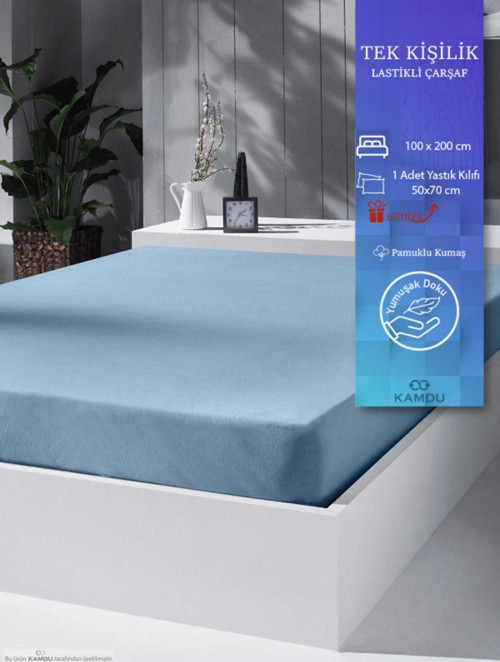 Kamdu Lastikli Çarşaf Tek Kişilik 100X200Cm Premium Ranforce Pamuklu Lastikli Çarşaf (Yastık Hediyeli)
