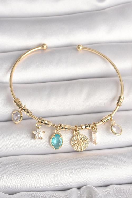 Pirinç Gold Renk Sallantı Zirkon Taş Detaylı Pusula Figür Charm Kadın Bileklik SL11147