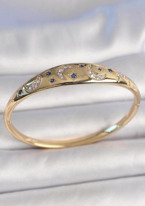 Pirinç Gold Renk Zirkon Taşlı Hilal İşleme Mavi Taşlı Yıldız Detay Kadın Kelepçe SL11315