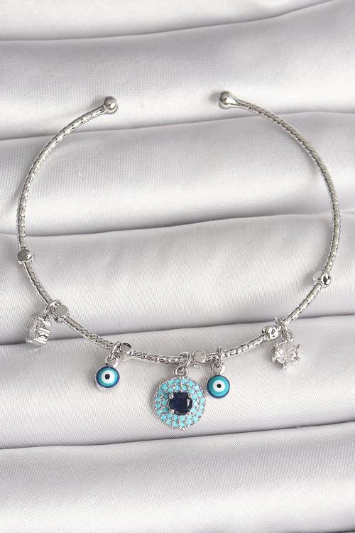 Pirinç Gümüş Renk Sallantı Zirkon Taşlı Nazar Boncuk Figür Charm Kadın Bileklik SL11172