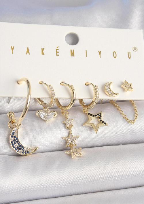 Pirinç Gold Renk Zirkon Taşlı Yıldız Model Hilal Detay 6'Lı Kadın Kombin Küpe