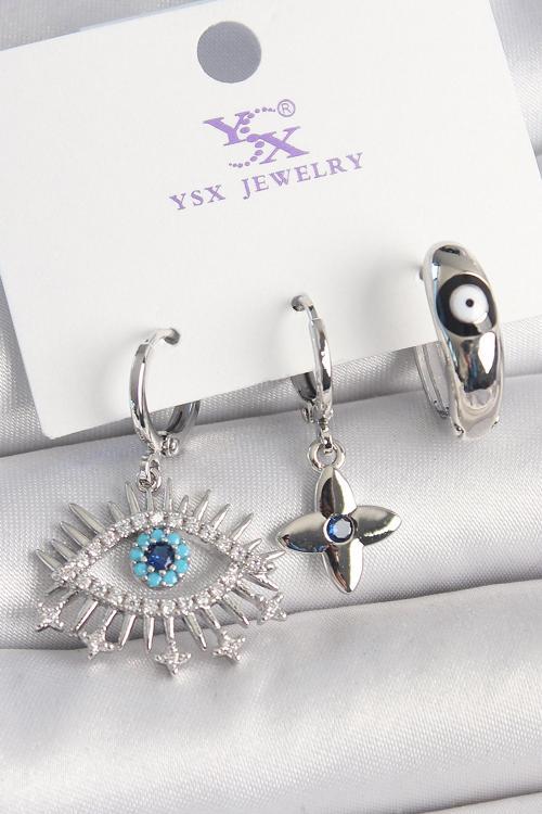 Pirinç Gümüş Renk Zirkon Taşlı Göz Model Nazar Boncuk Detay 3'Lü Kadın Kombin Küpe