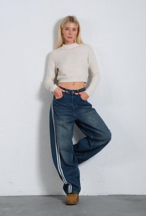 Yüksek Bel Baggy Denim %100 Pamuk Yanı Şertili  kadın Kot Baggy Jean Pantolon @Barrel
