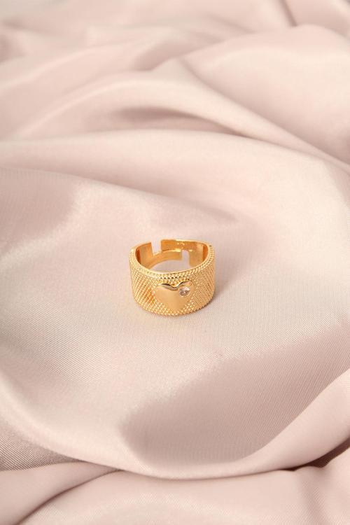Gold Renk Metal Zirkon Taşlı Kalp Model Ayarlanabilir Kadın Yüzük - TJ-BYK2163