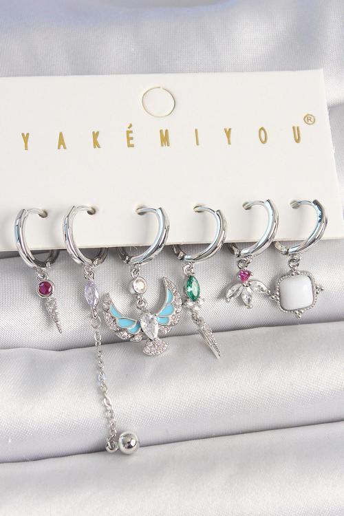Pirinç Gümüş Renk Zirkon Taşlı Kuş Figür Çiçek Detay 6'Lı Kadın Kombin Küpe - TJ-BKP10454