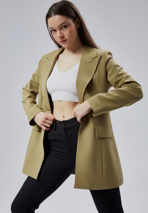 Açık Haki Kruvaze Uzun Blazer Ceket
