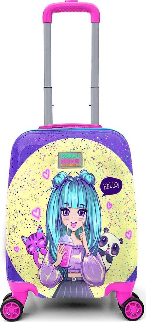 4 Tekerlekli Policarbon Kırılmaz Çocuk Valizi Lila Anime Kız Desenli