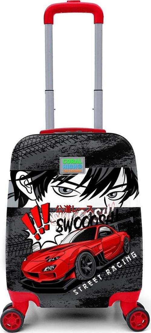 Policarbon Kırılmaz Çocuk Valizi Siyah Kırmızı Anime Araba Desenli