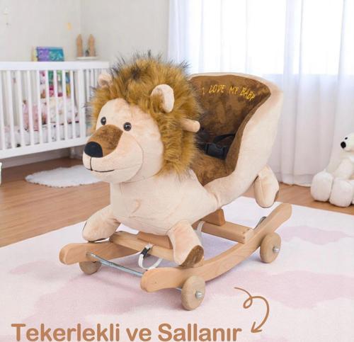 Tekerlekli Ve Ahşap Ayaklı Sallanan At, Eşek Peluş Oyuncak - Aslan