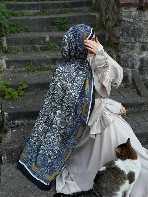 Pamuklu Etnik Desen Şal-Lacivert/Hardal