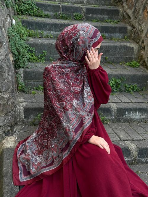 Pamuklu Etnik Desen Şal-Bordo