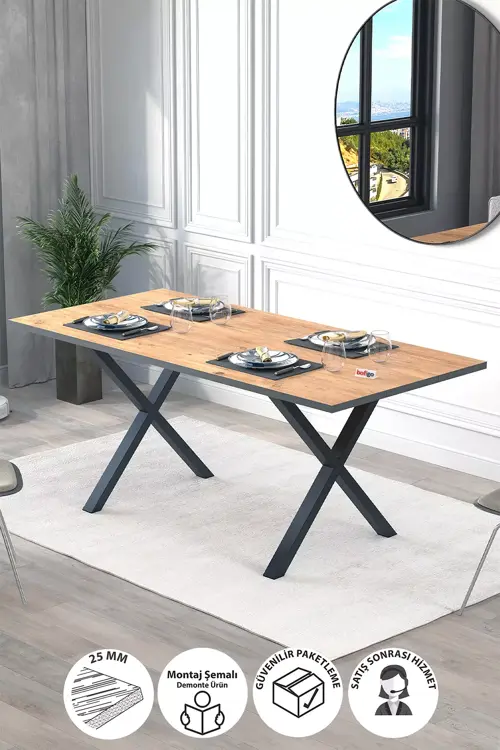 Yemek Masası Metal Ayaklı Mutfak Masası Oslo 85 x 180 Cm X Ayaklı Çam