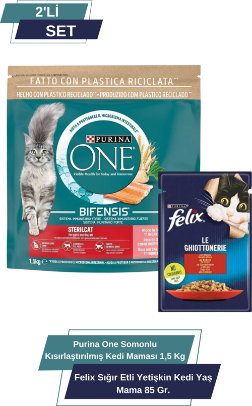 Somonlu Kısırlaştırılmış Kedi Maması 1,5 Kg & Felix Sığır Etli Yetişkin Kedi Yaş Mama 85 Gr.
