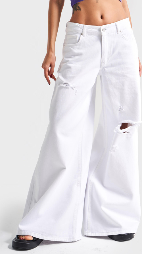 Kadın Beyaz Renk 13s5-2 Elephant Leg Bol Kesim %100 Koton Yırtık Detaylı Denim Jean