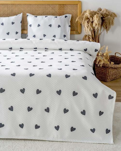Siyah Mini Kalpler Çift Kişilik Baskılı Pike 200 x 220 cm