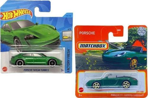 2 Araç Set - Hot Wheels Porsche Taycan Turbo S & Matchbox Porsche 911 Carrera Cabriolet (1/64)